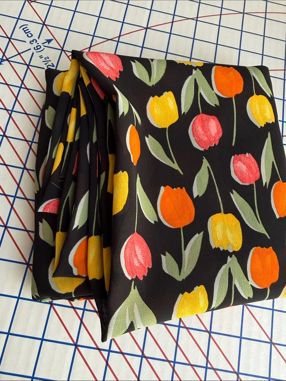 Vintage John Kaldor Fabric 1980s Tulip Floral Black Dress Fabric 3 Yards x 44